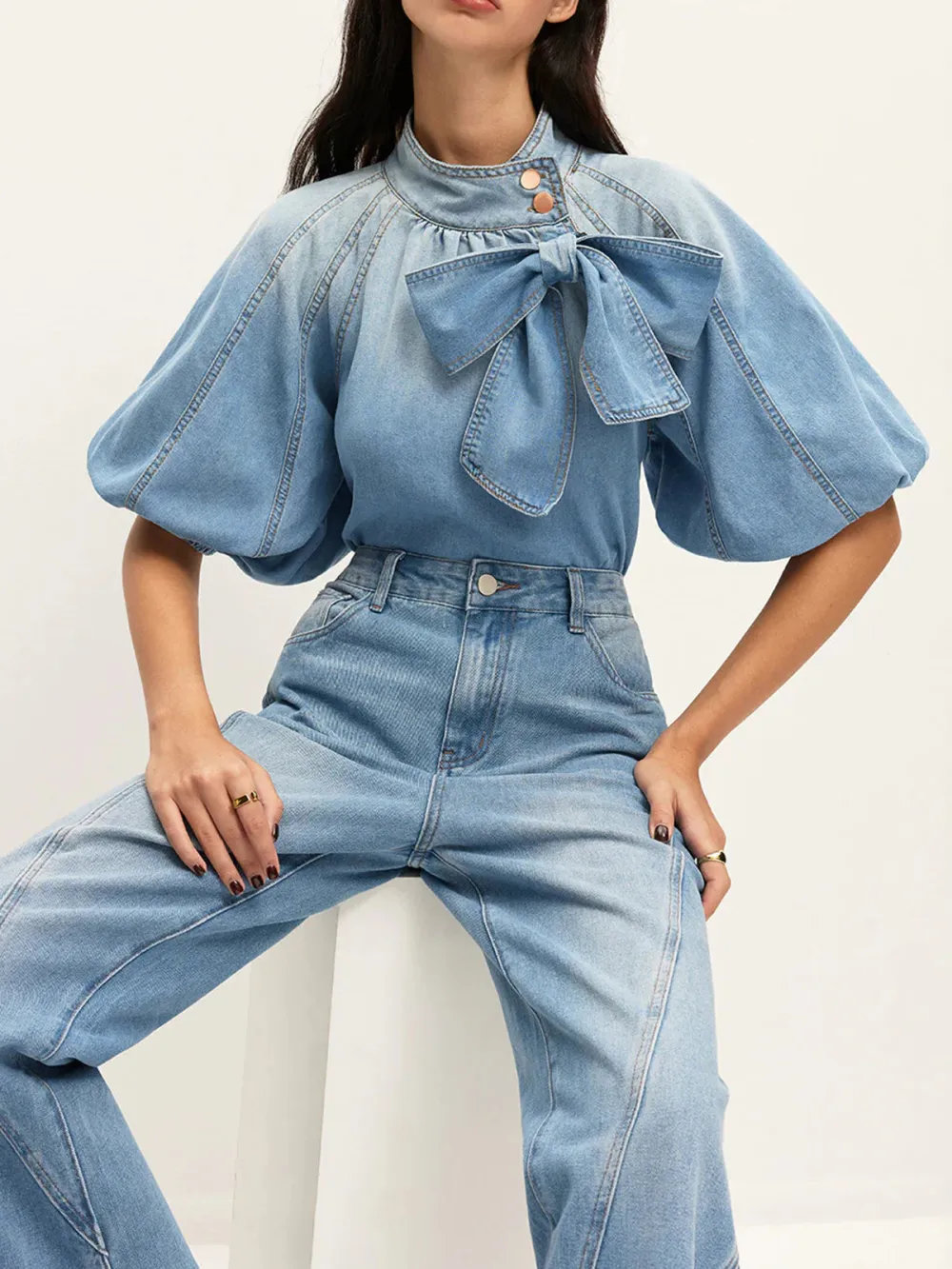 Bow Decor Half Sleeve Denim Blouse