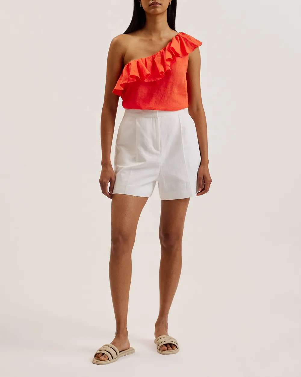 Symi Linen Ruffle One Shoulder Top Red