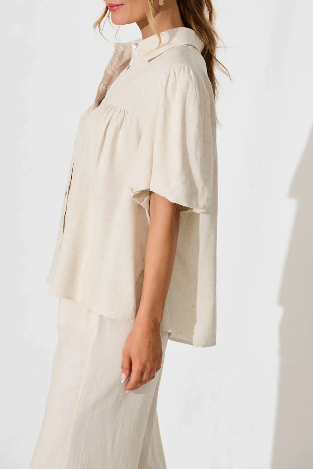Beige Short Sleeve Button Down Linen Shirt