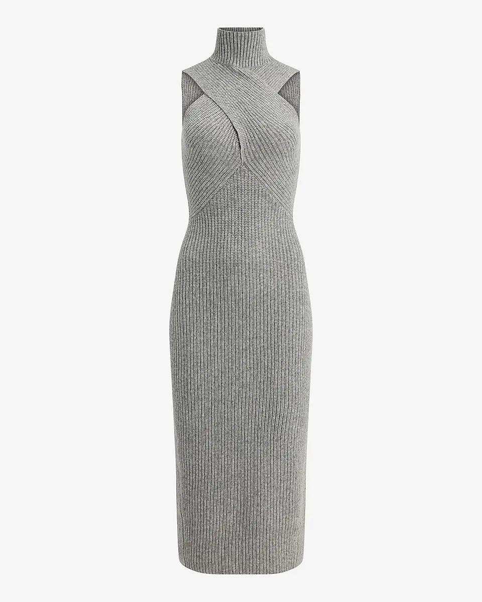 Cross Funnel Neck Sleeveless Midi Sweater Dress