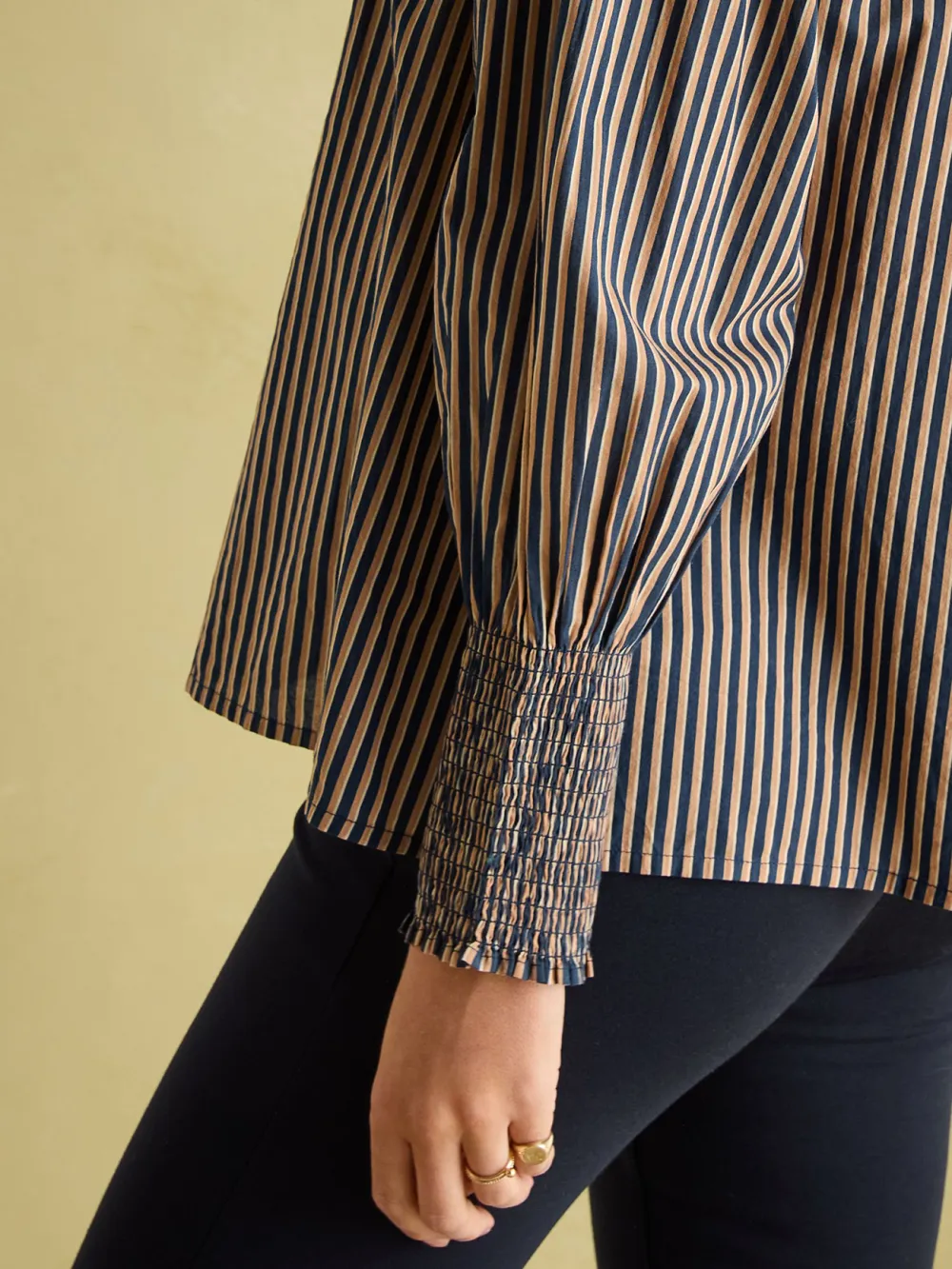 Navy Stripe Cotton Frill Neck Blouse