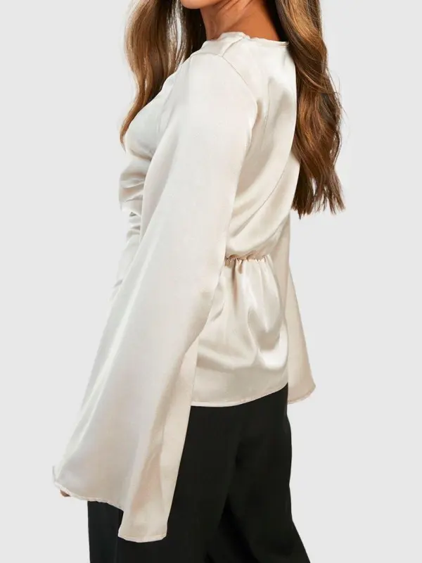 SATIN BOAT NECK RUCHED WAIST BLOUSE