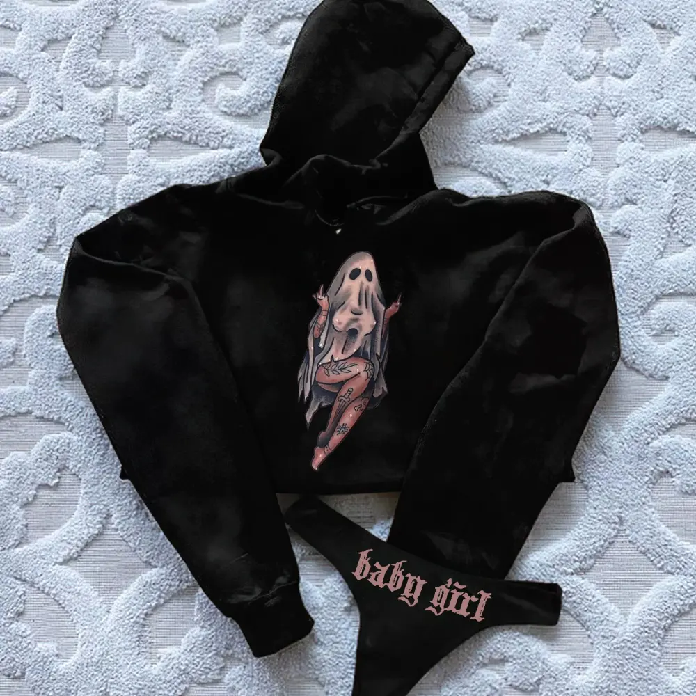 Naughty Ghost Printed Women's Cropped Hoodie & Thong Sets