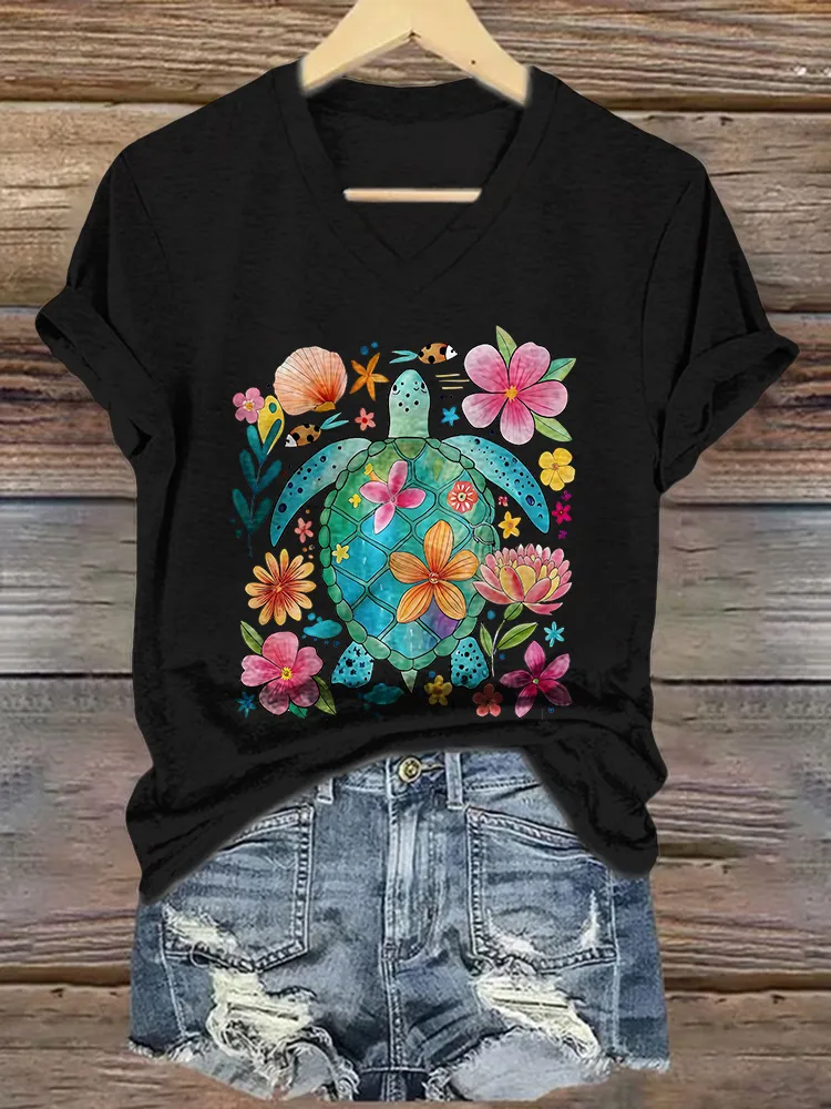 Women's The Sea Turtles Short Sleeves V-Neck Pure Cotton T-Shirt