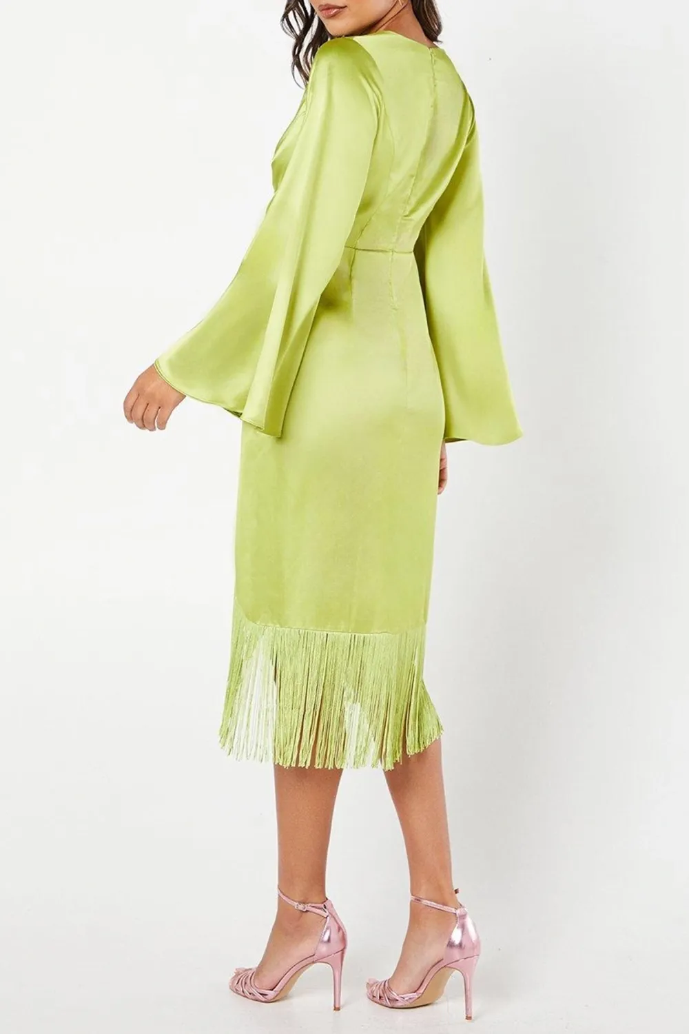 Satin Fringe Hem Wrap Waist Midi Dress