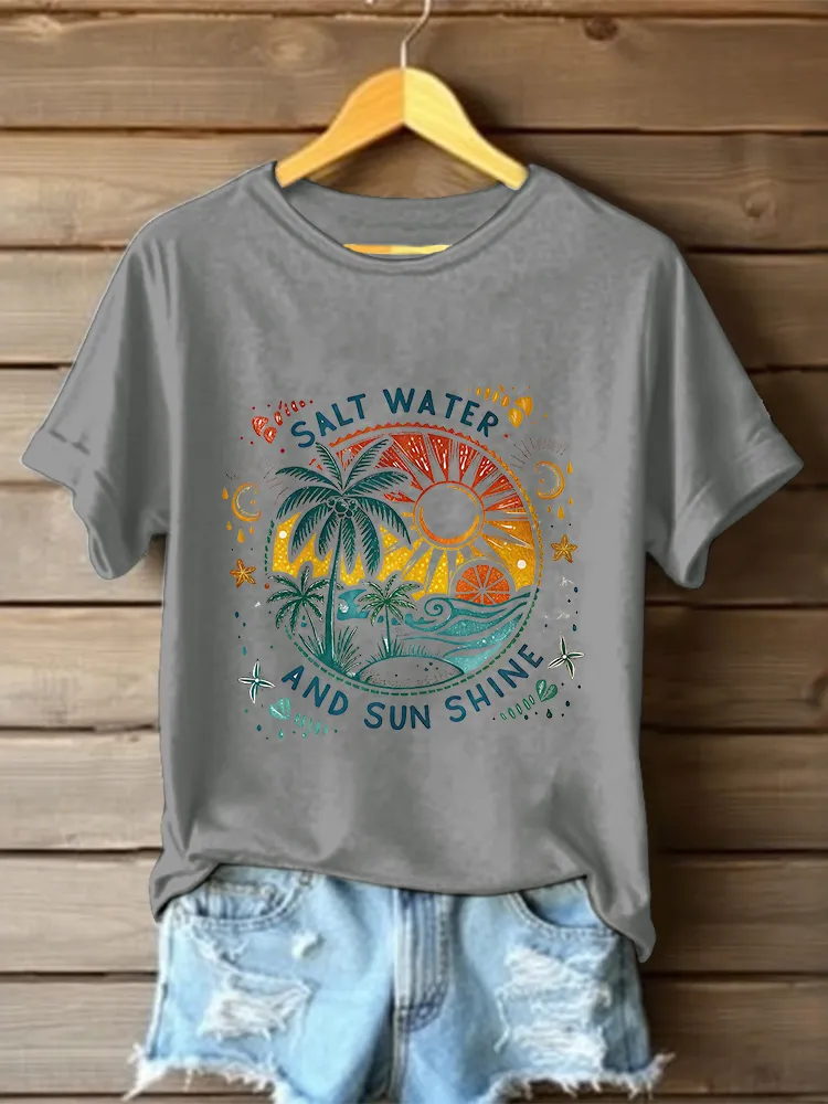 Women's Salt Water And Sunshine Round Neck Short Sleeves Pure Cotton T-Shirt