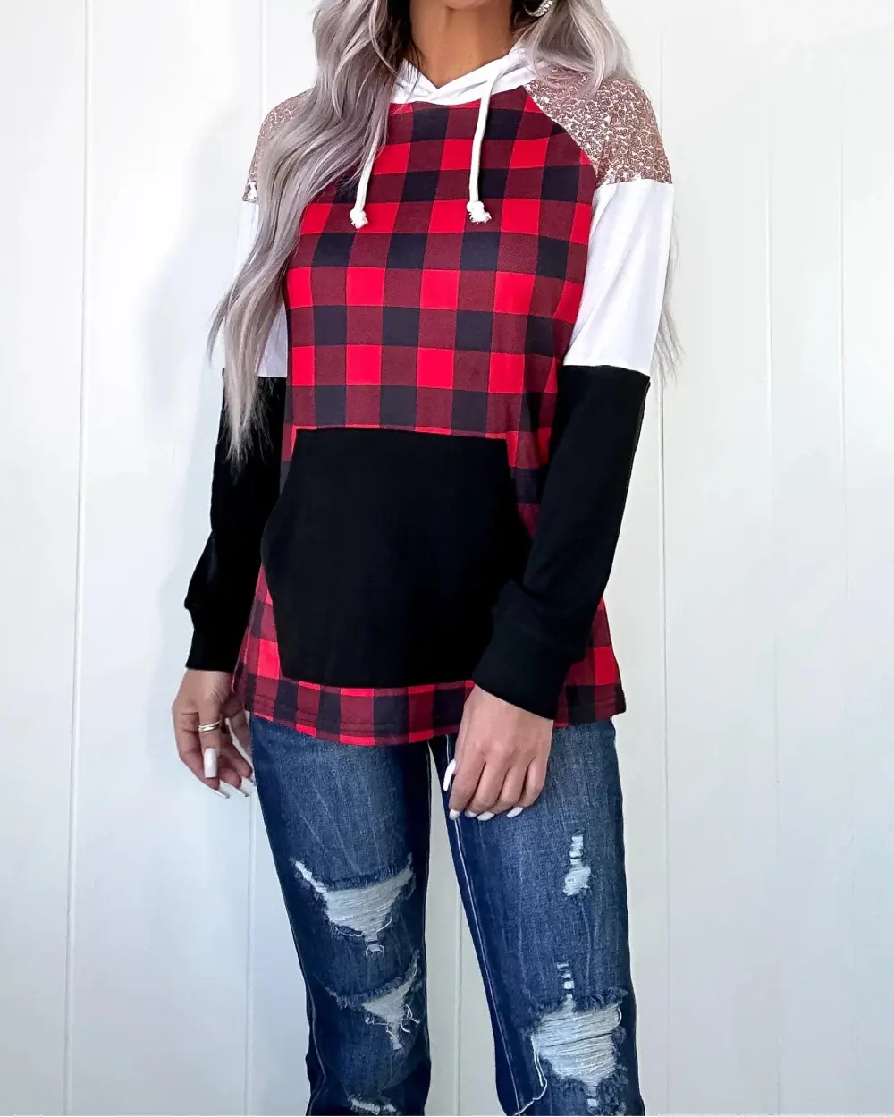 DOORBUSTER Red Plaid Sequin Hoodie