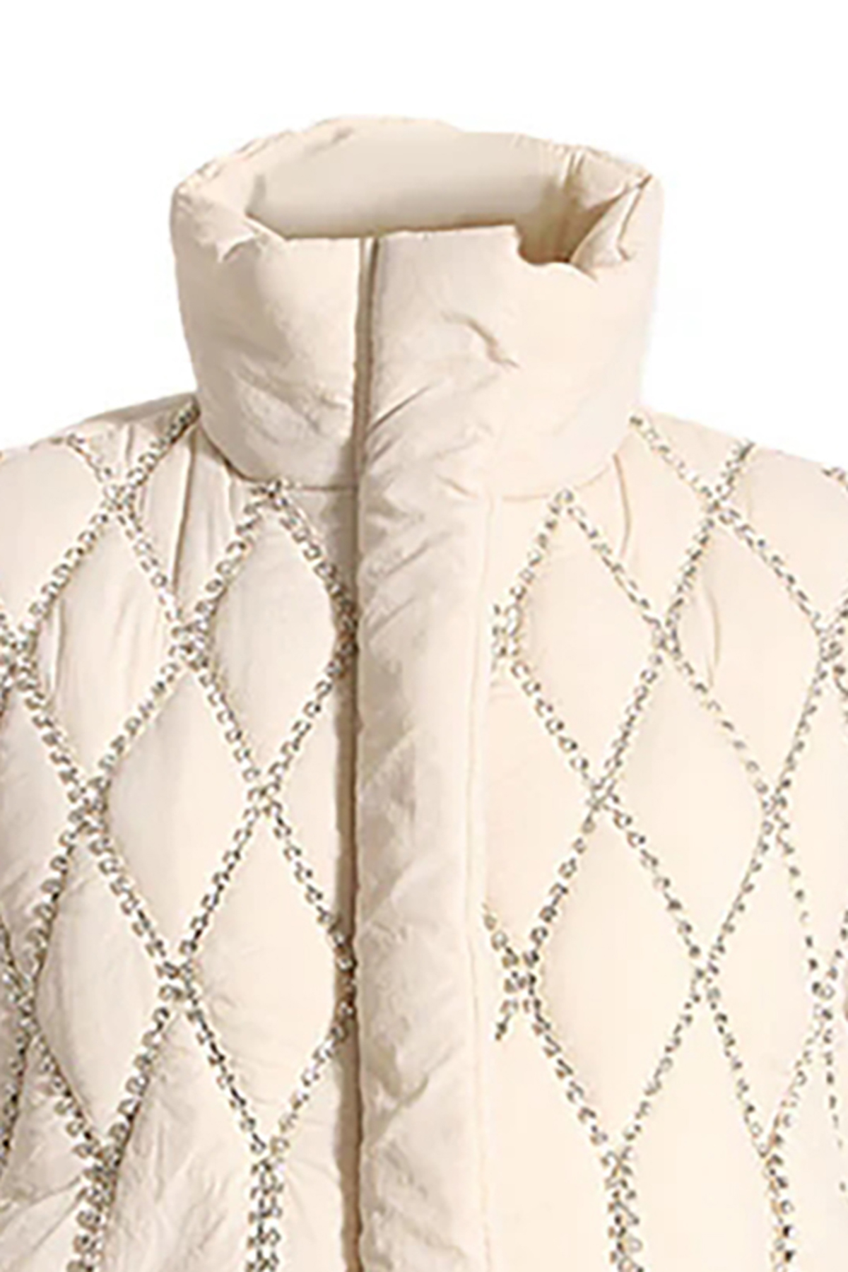 Glittering High Neck Sleeveless Rhinestone Fringe Quilted Down Puffer Vest