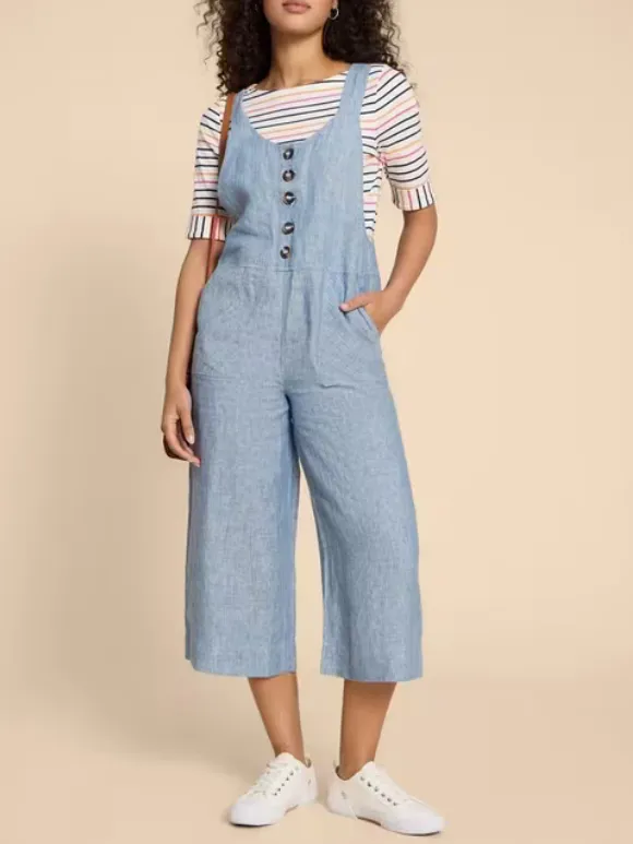 Viola Crop Linen Dungaree In Chambray Blue