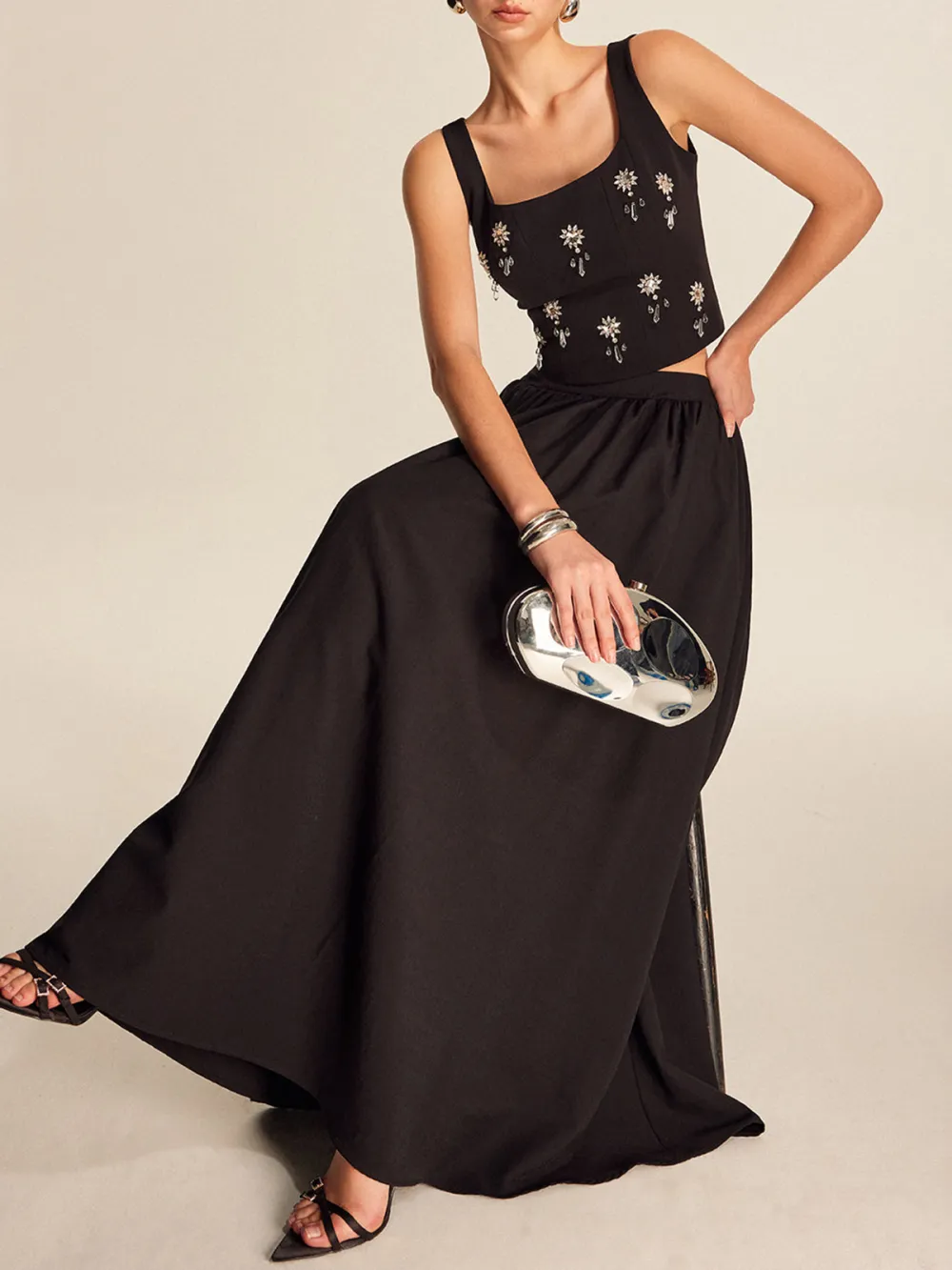 Rhinestonel Detail Square Neck Cropped Top With Back Zipper