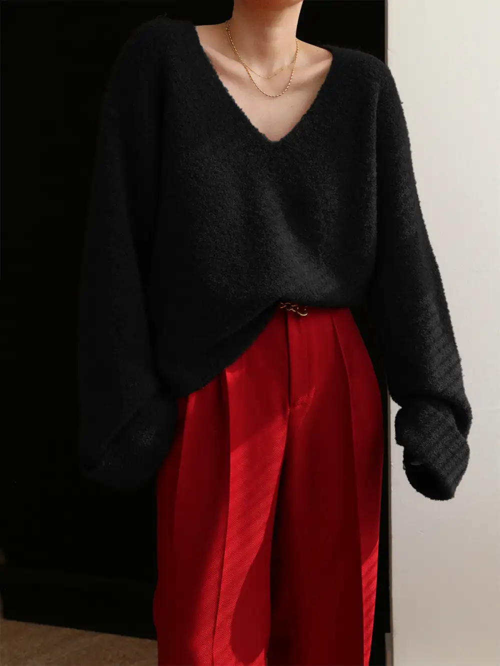 Plain V-Neck Drop Shoulder Long Sleeve Sweater