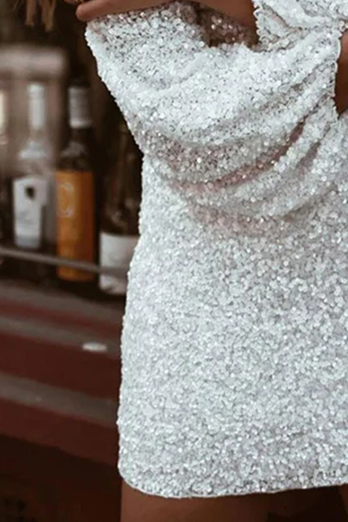 Sparkly Long Sleeve Round Neck Sequin Mini Dress - White