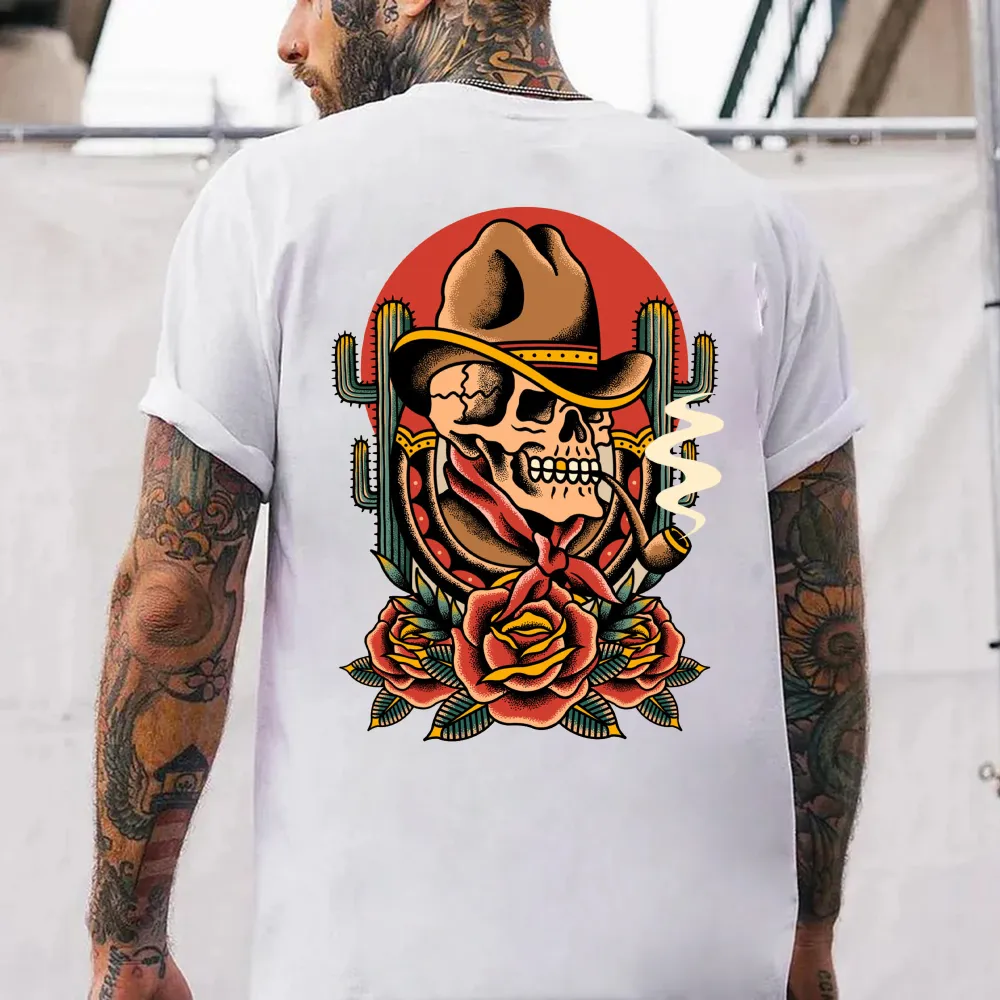 Vintage Sunset Cactus Skull Print Men's T-shirt