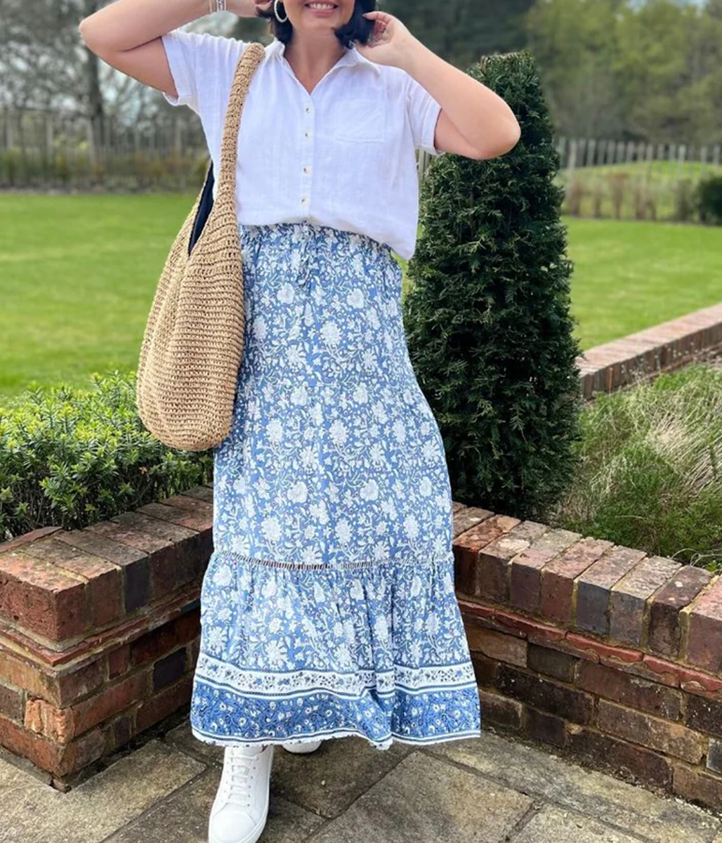 Blue Floral Tiered Midi skirt