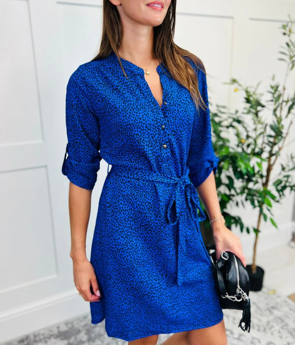 Blue Dotty Print Belted Shirt Dress