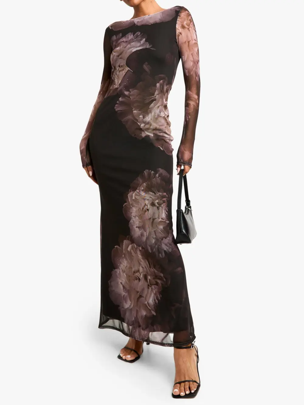 FLORAL LONG SLEEVE MESH MAXI DRESS