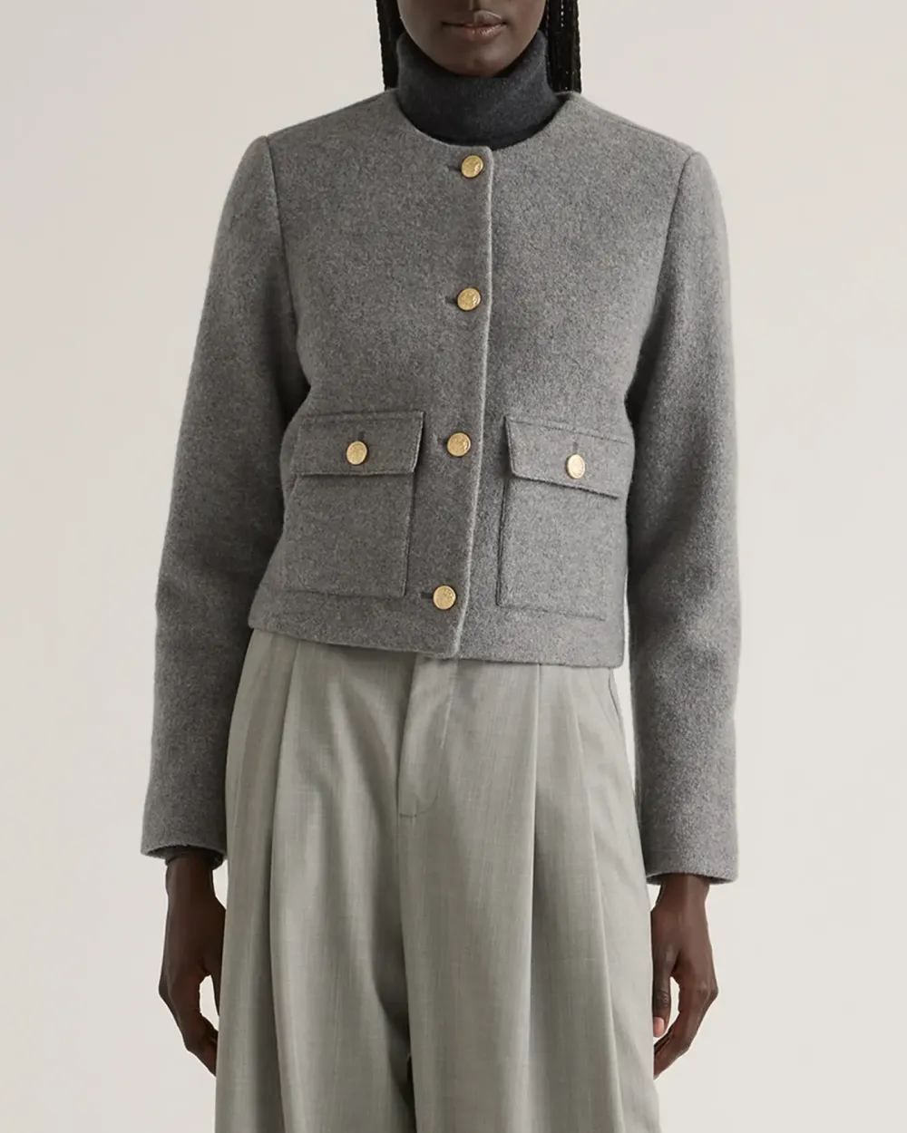 Collarless Cropped 100% Merino Wool Jacket