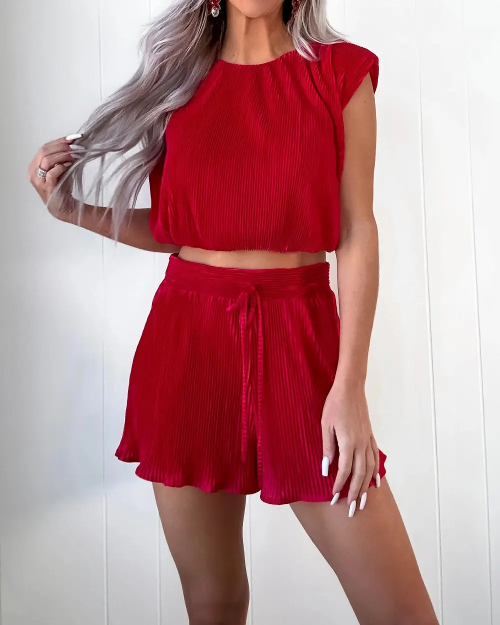 Frosted Magic Pleated Shorts Set - Red