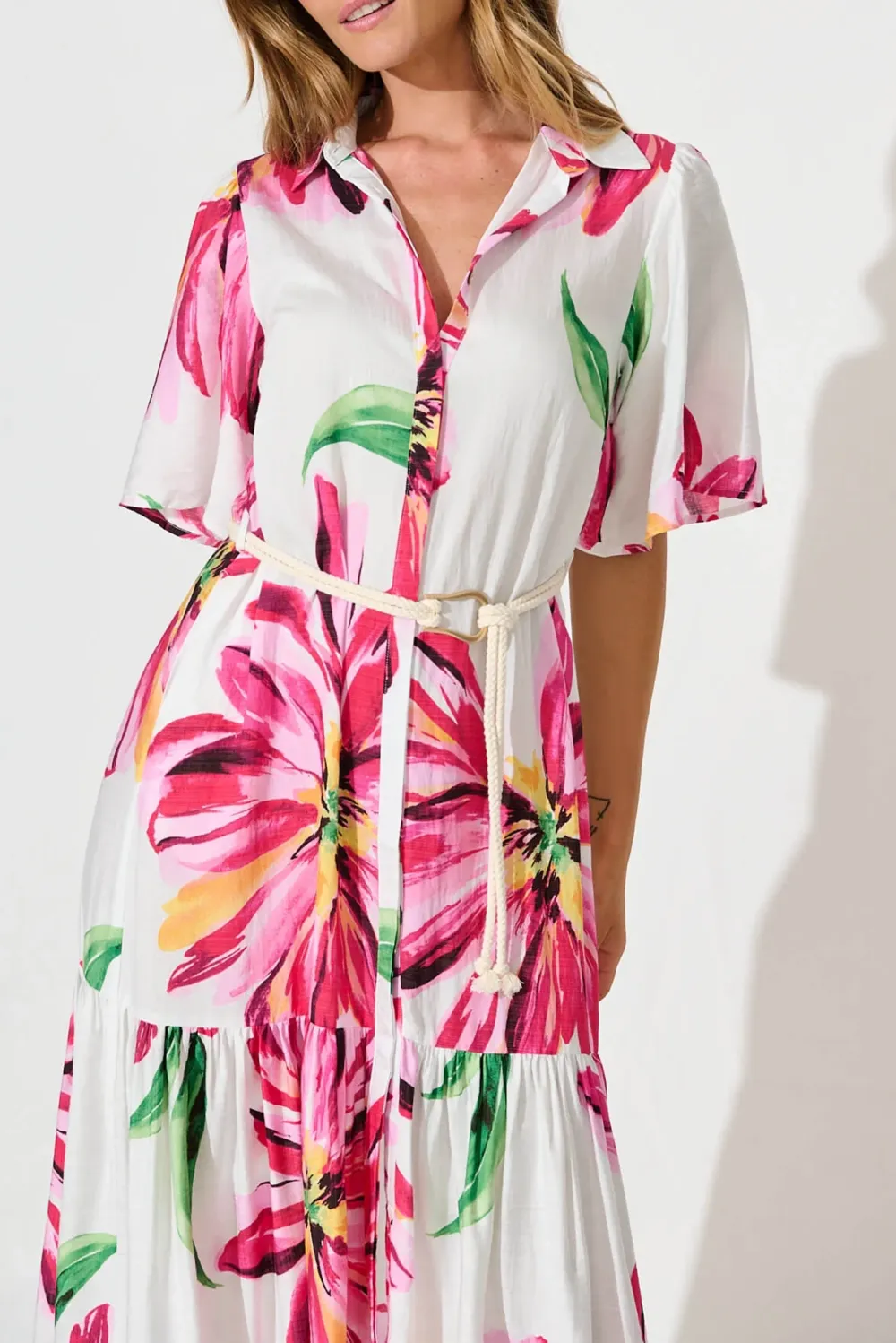 White Based Pink Floral Print Midi Dress