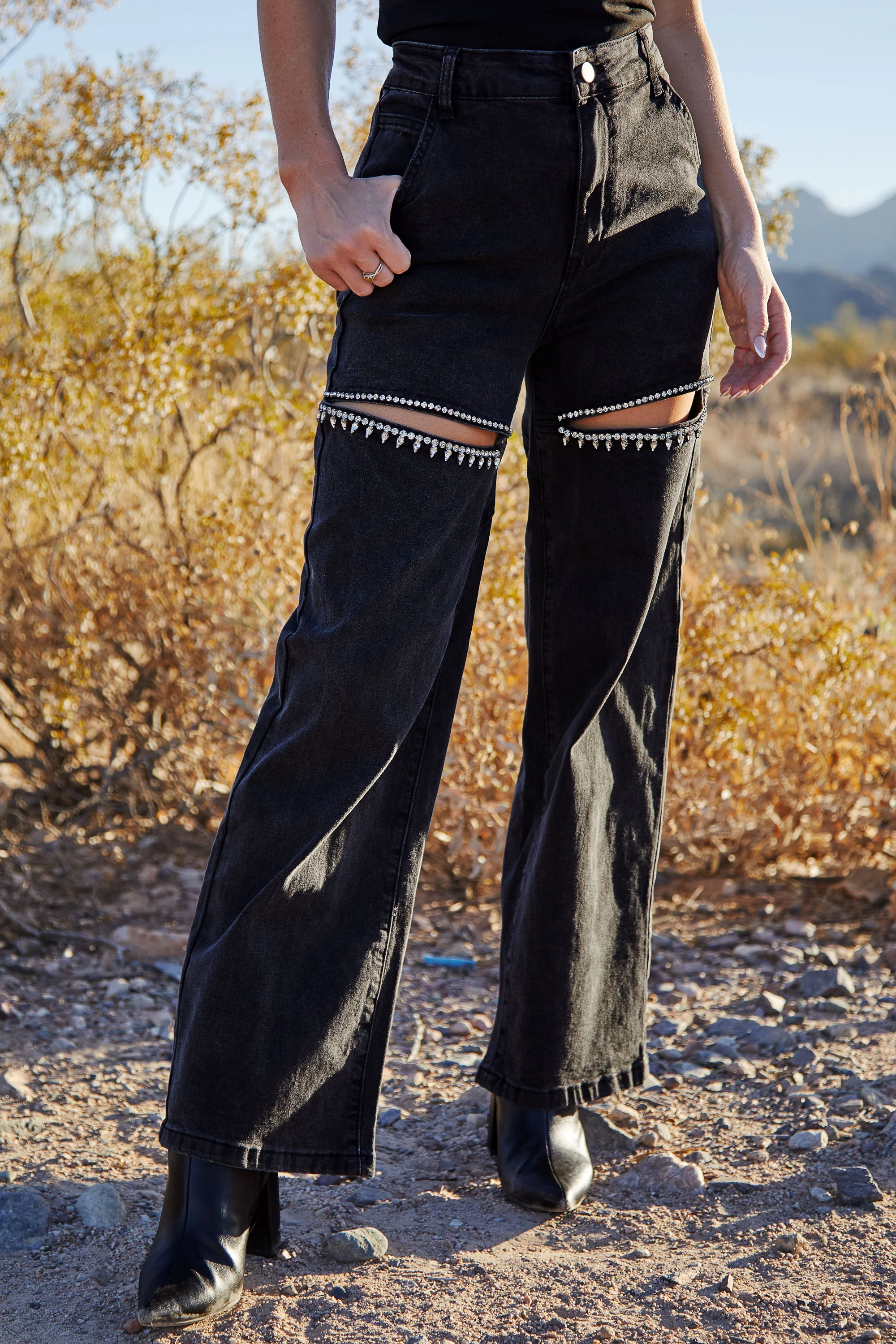 Black Cutout Rhinestone Relaxed Jeans