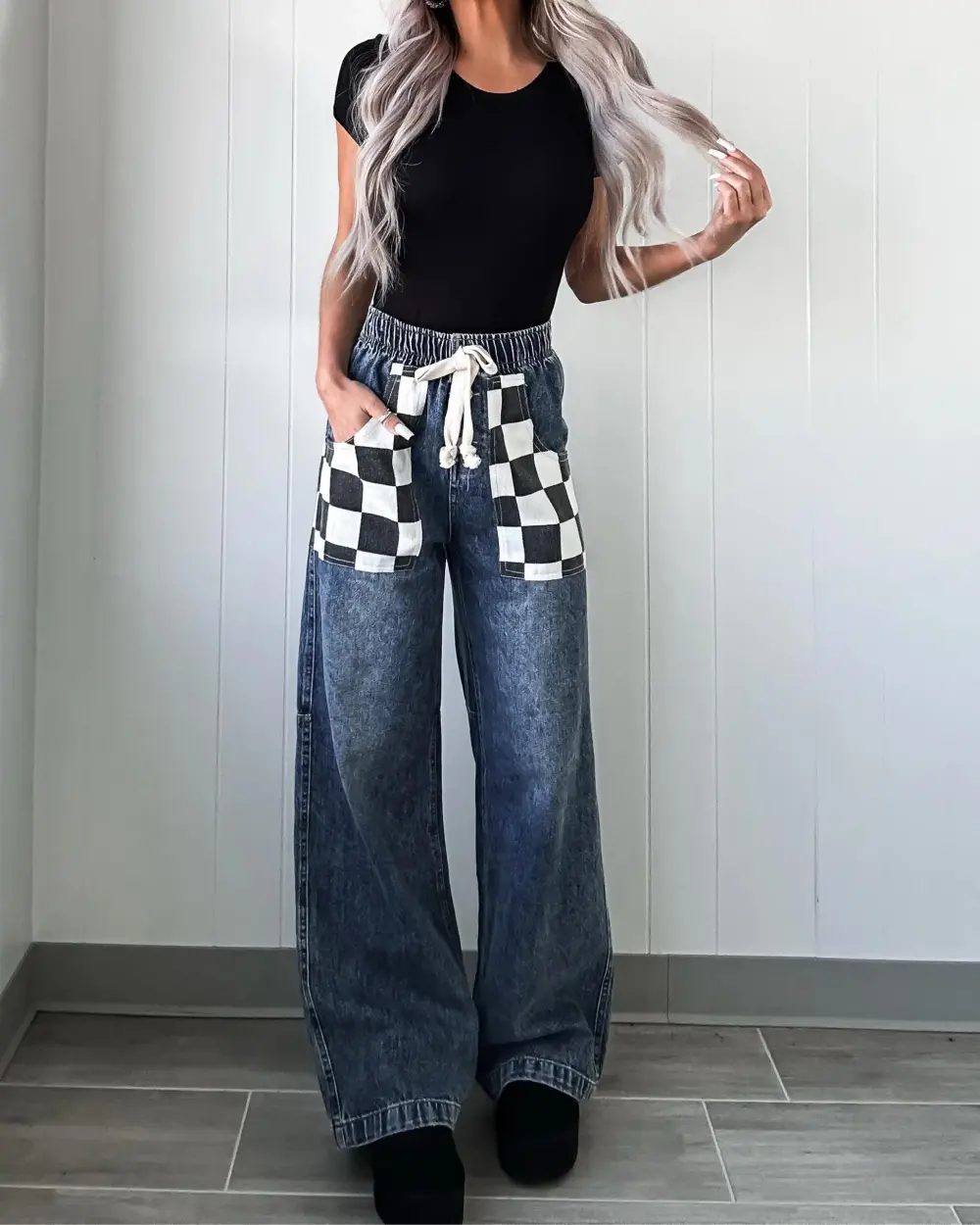 Street Glam Checkered Pocket Jeans - Denim