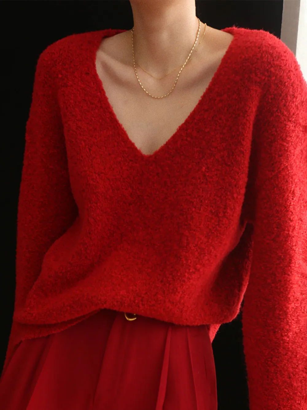 Plain V-Neck Drop Shoulder Long Sleeve Sweater