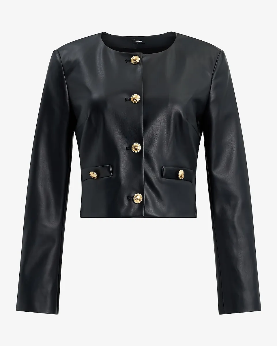 Faux Leather Gold Button Cropped Jacket