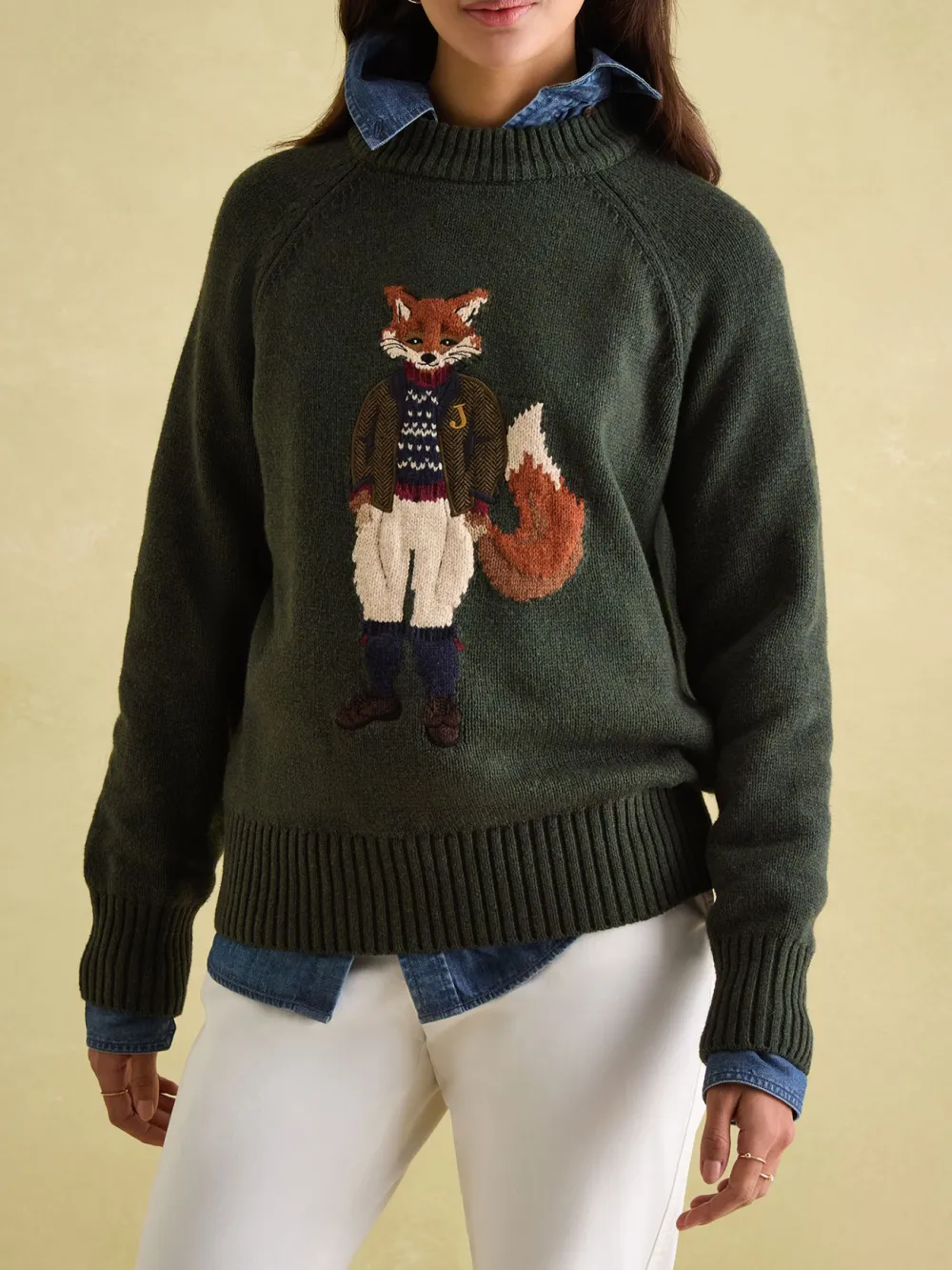 Jonty Dark Green Intarsia Fox Knit Jumper