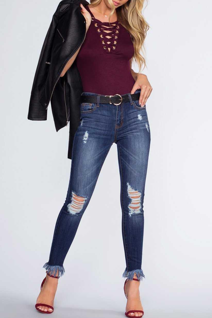 Frayed Skinny Nine-Point Long Jeans