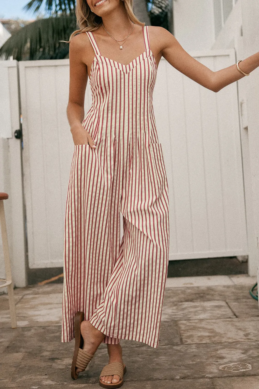 Striped Sleeveless V-Neck Wide Leg Jumpsuit