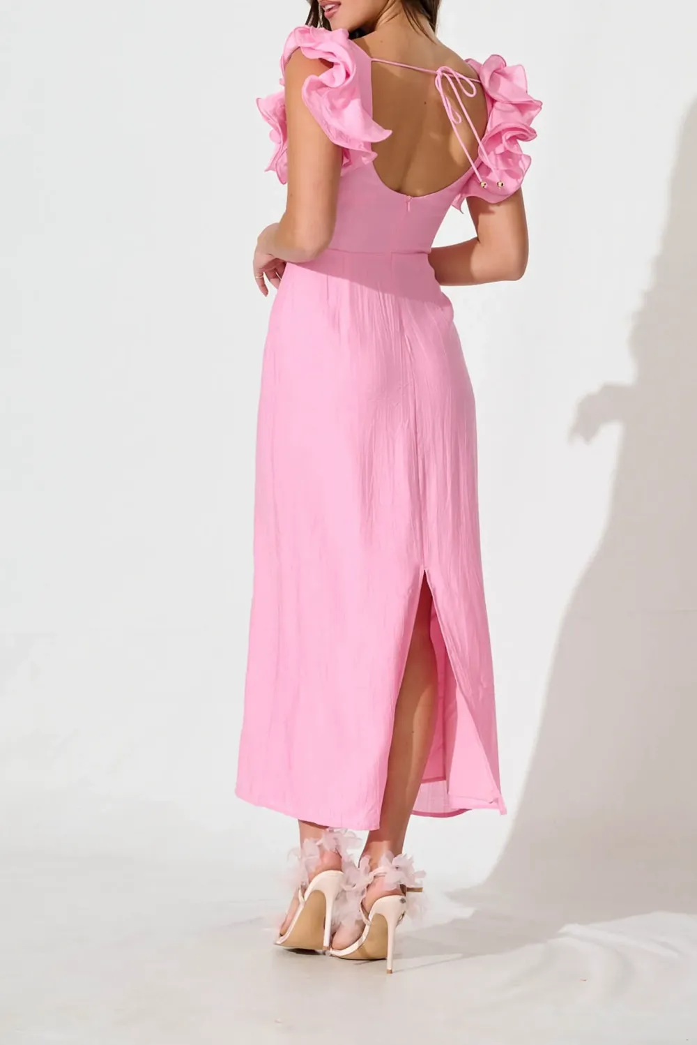 Pink Ruffled Shoulder Maxi Dress