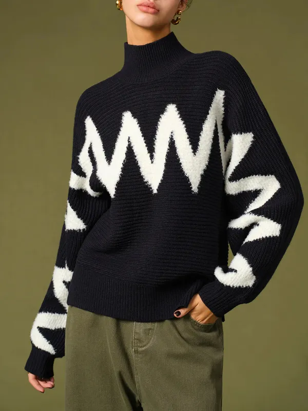 Line Print Contrast High Neck Sweater