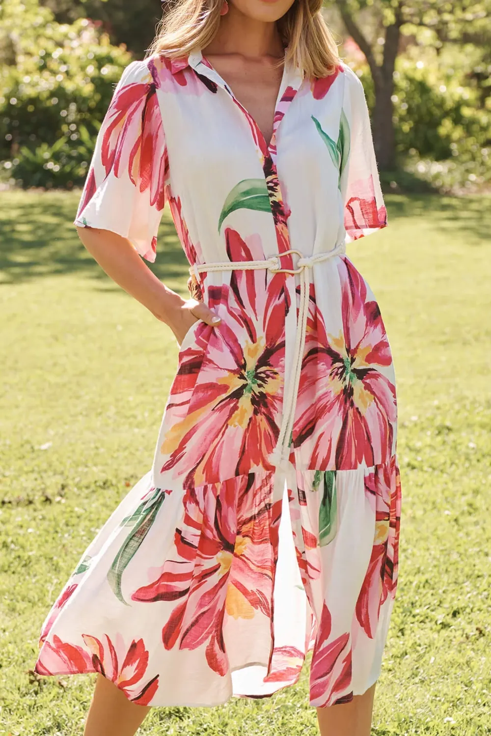 White Based Pink Floral Print Midi Dress