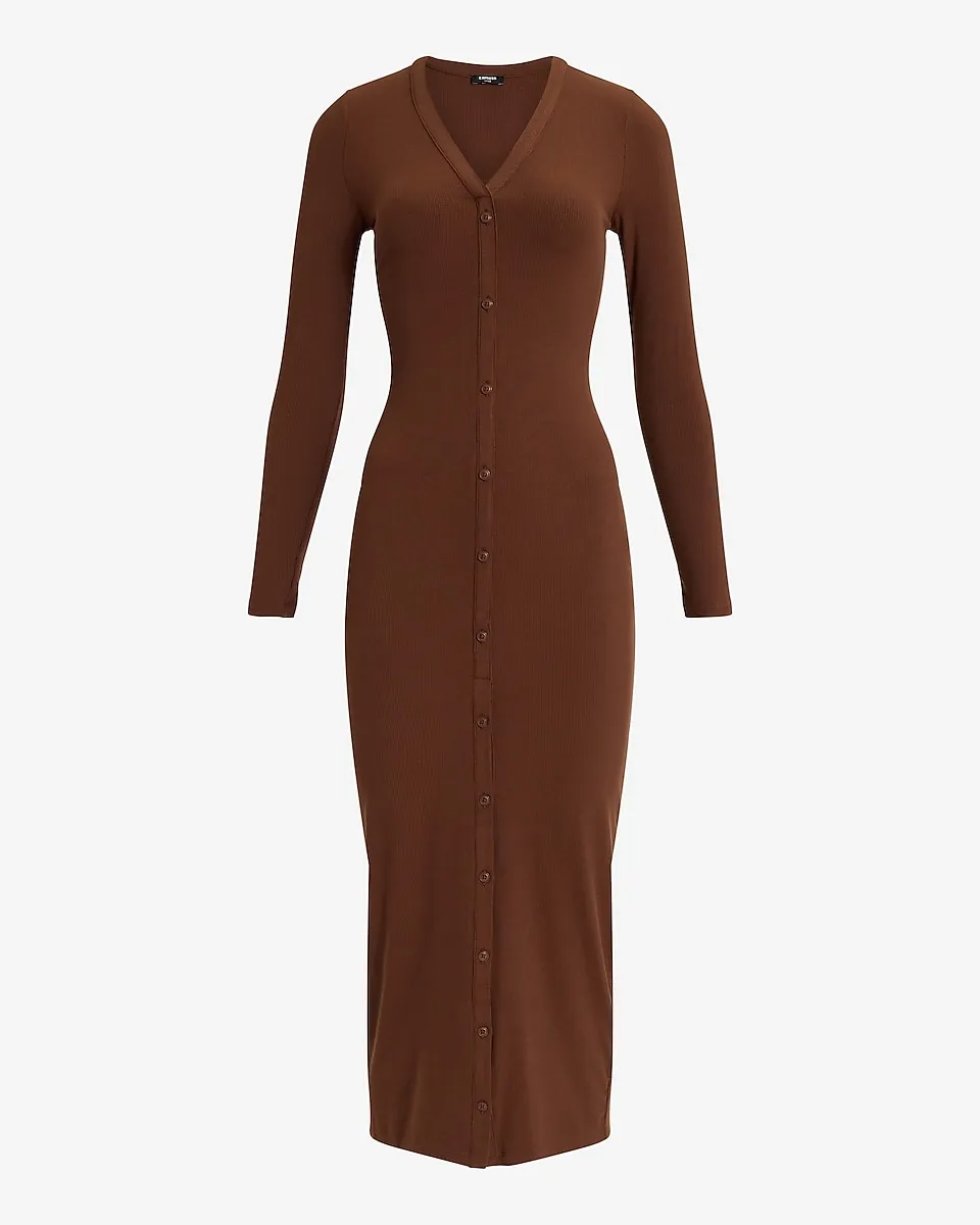 Ribbed Knit Long Sleeve Button Down Midi Dress