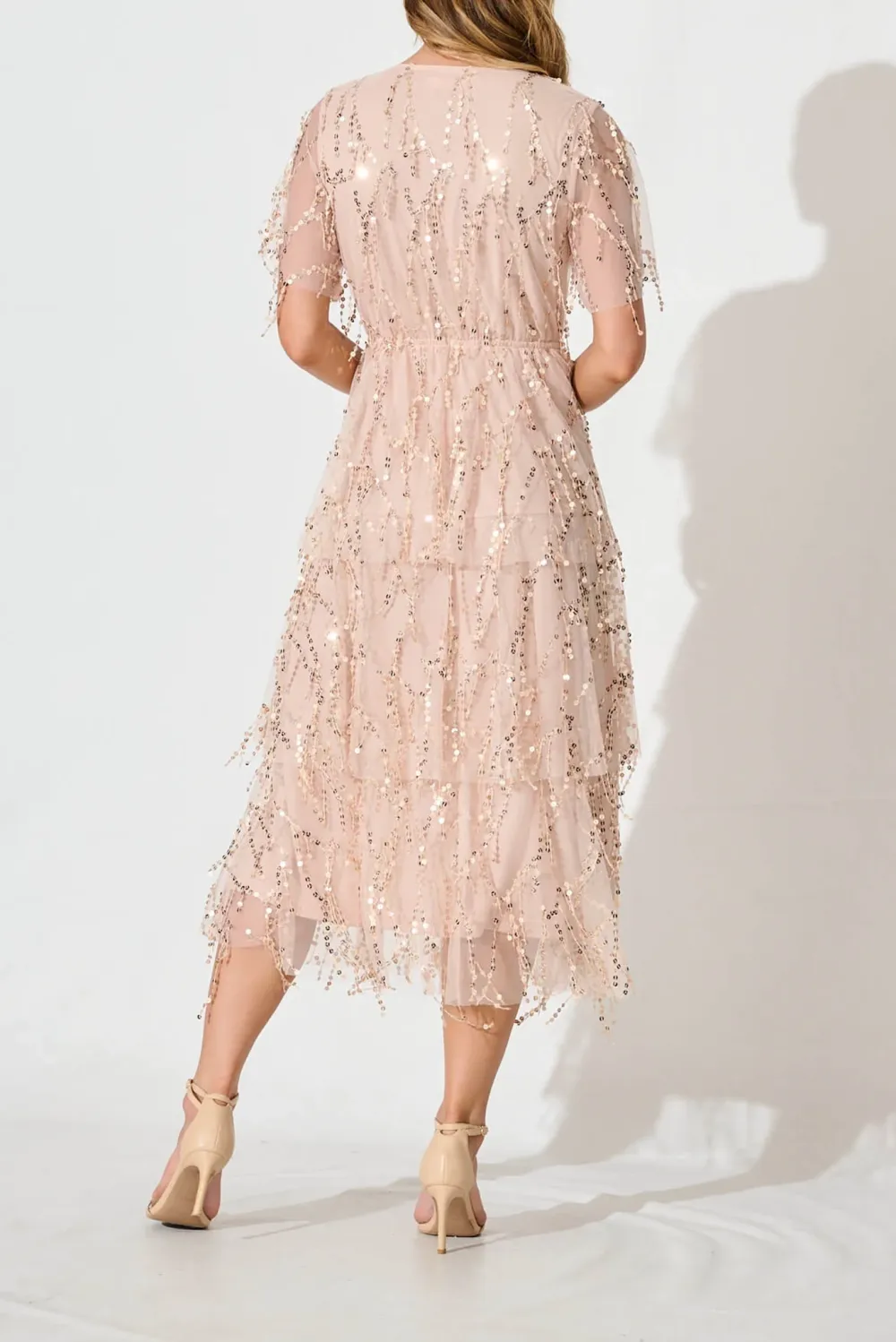 Light Pink Beaded Tiered Midi Dress