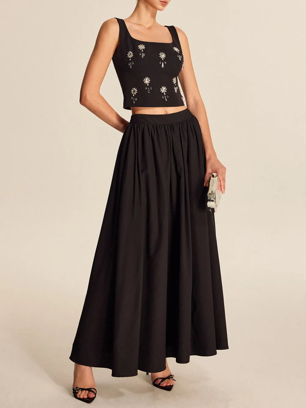 Rhinestonel Detail Square Neck Cropped Top With Back Zipper