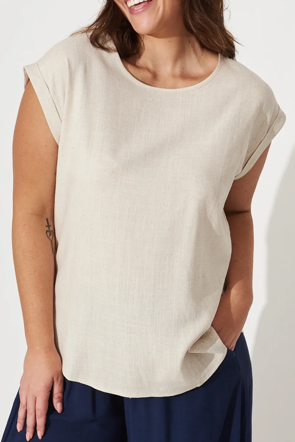 Beige Crew Neck Linen Short Sleeve Top