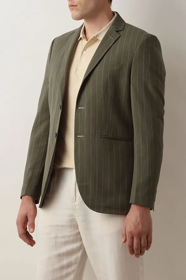 Green Striped Casual Blazer