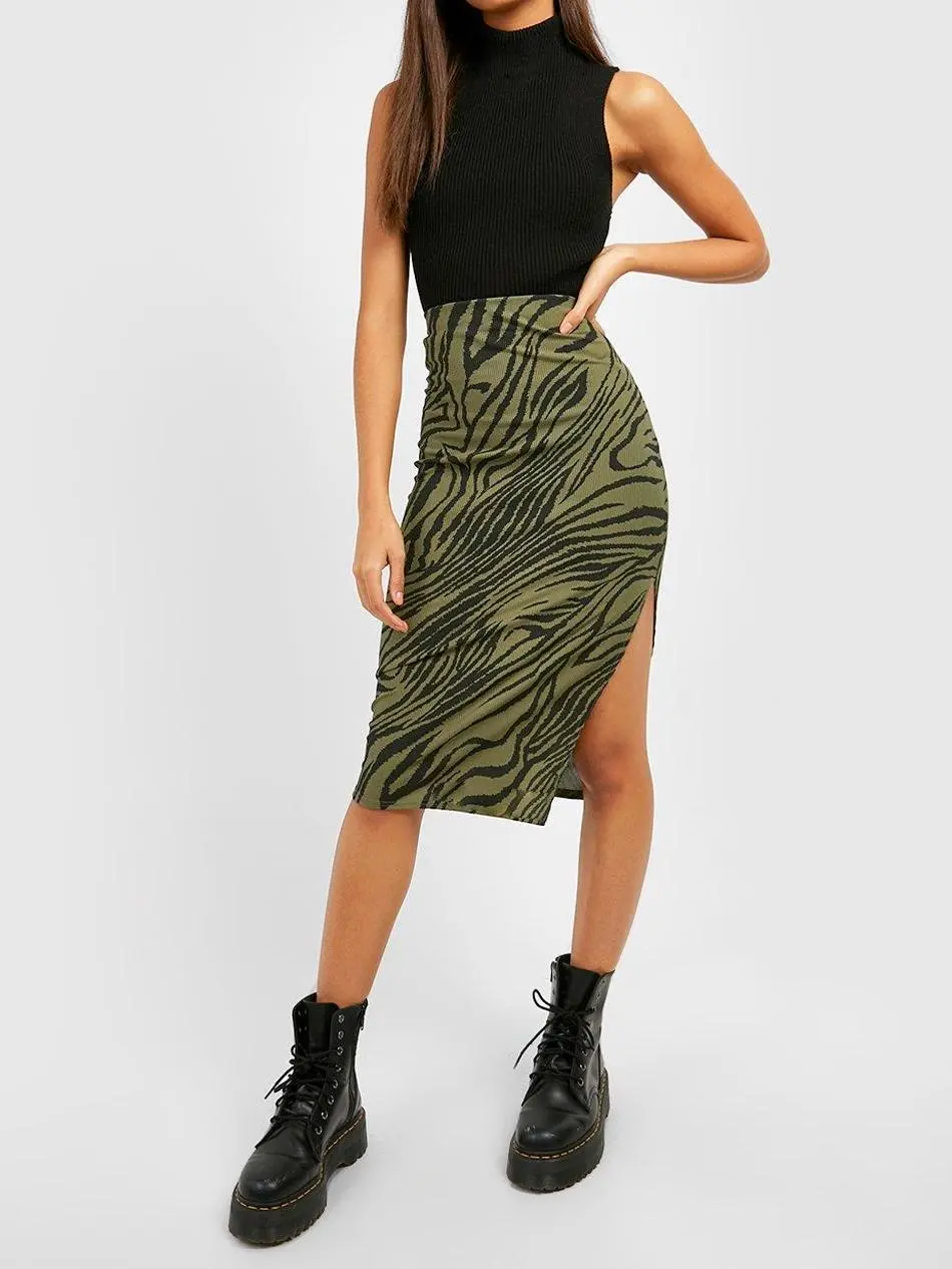 KHAKI ZEBRA PRINT RIB SIDE SPLIT MIDI SKIRT