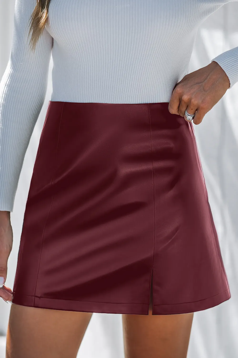 Maroon Faux Leather Mini Skirt