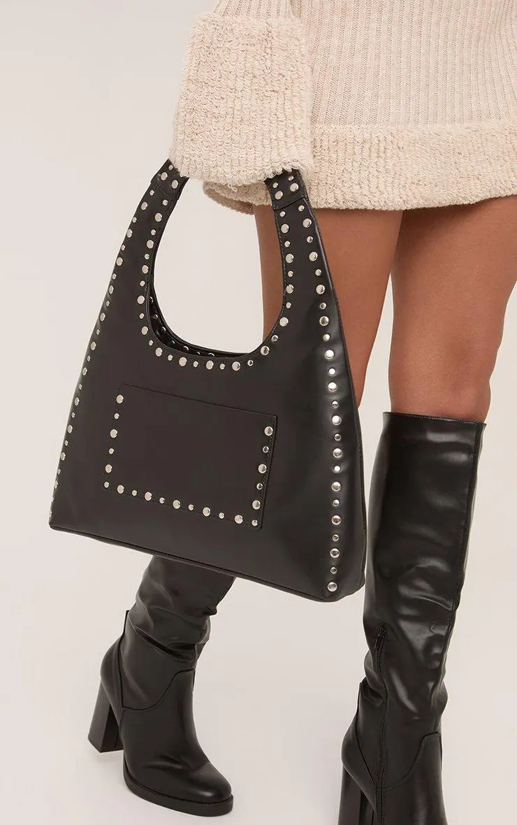 Nora Stud Detail Shaped Shoulder Bag In Black Faux Leather