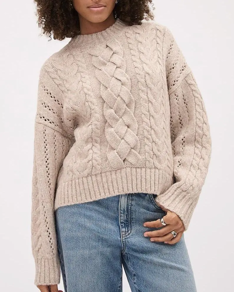 Long-Sleeve Crew-Neck Cable-Stich Sweater