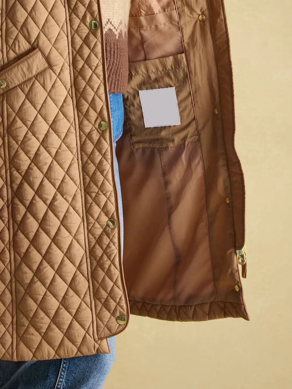 Rosewell Tan Brown Showerproof Longline Diamond Quilted Coat