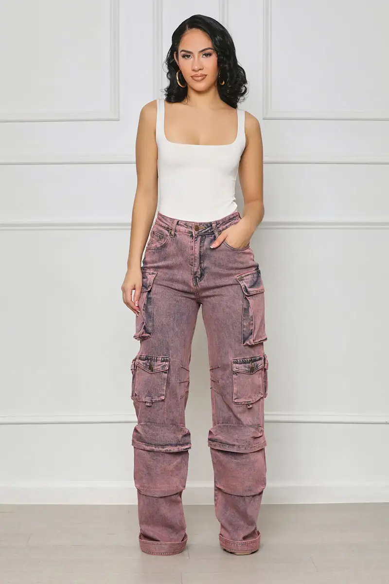 Always On Go Distressed Cargo Jeans (Purple Acid Wash)- FINAL SALE