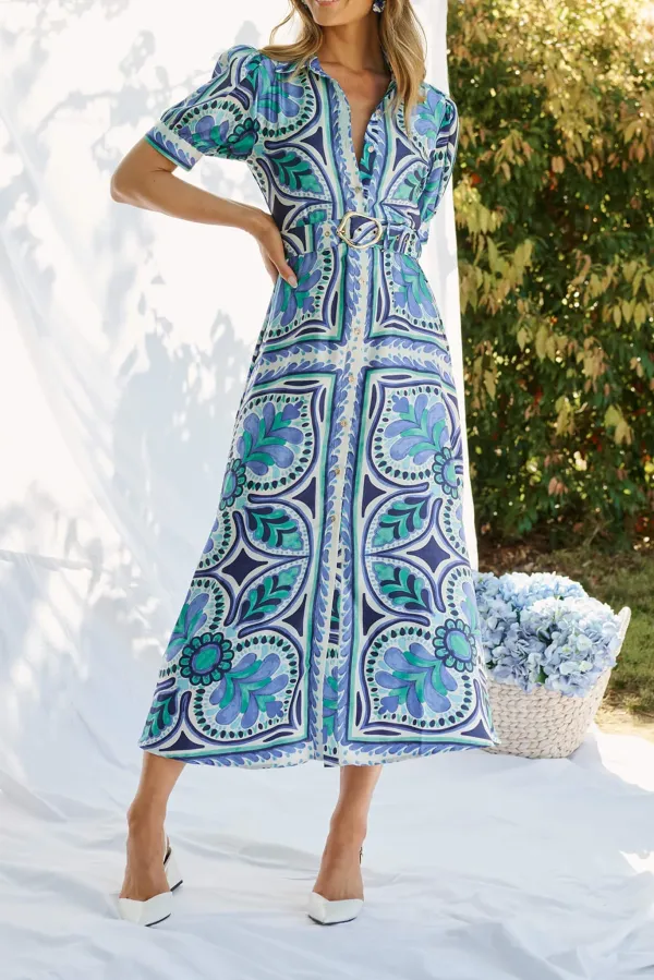 Blue Green Patterned Belted Midi Dress