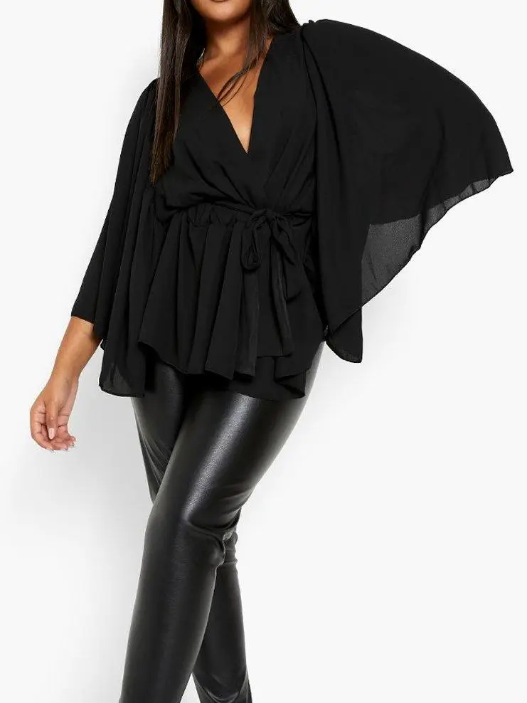 PLUS ANGEL SLEEVE WRAP PEPLUM BLOUSE