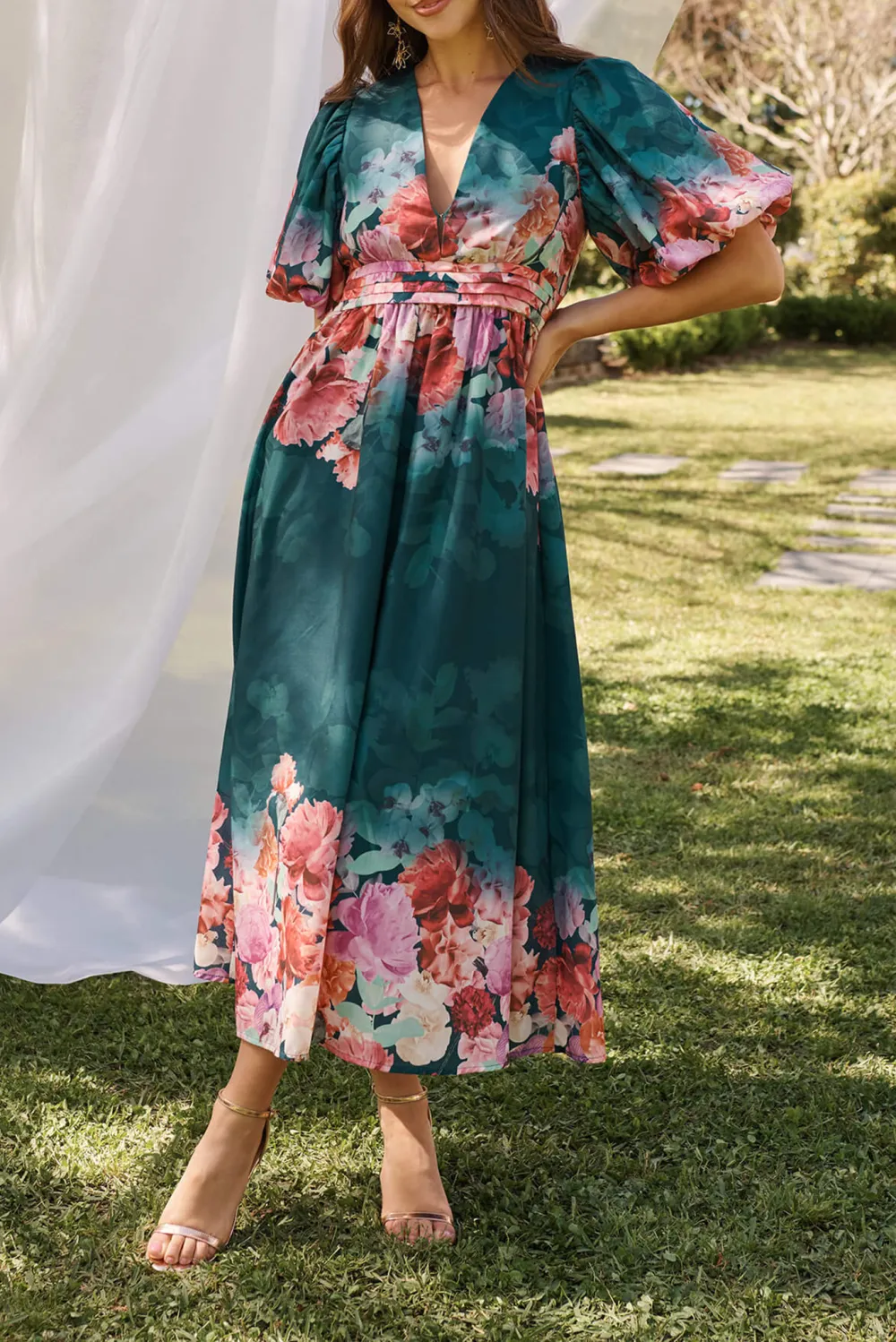 Green Floral Print Puff Sleeve Maxi Dress