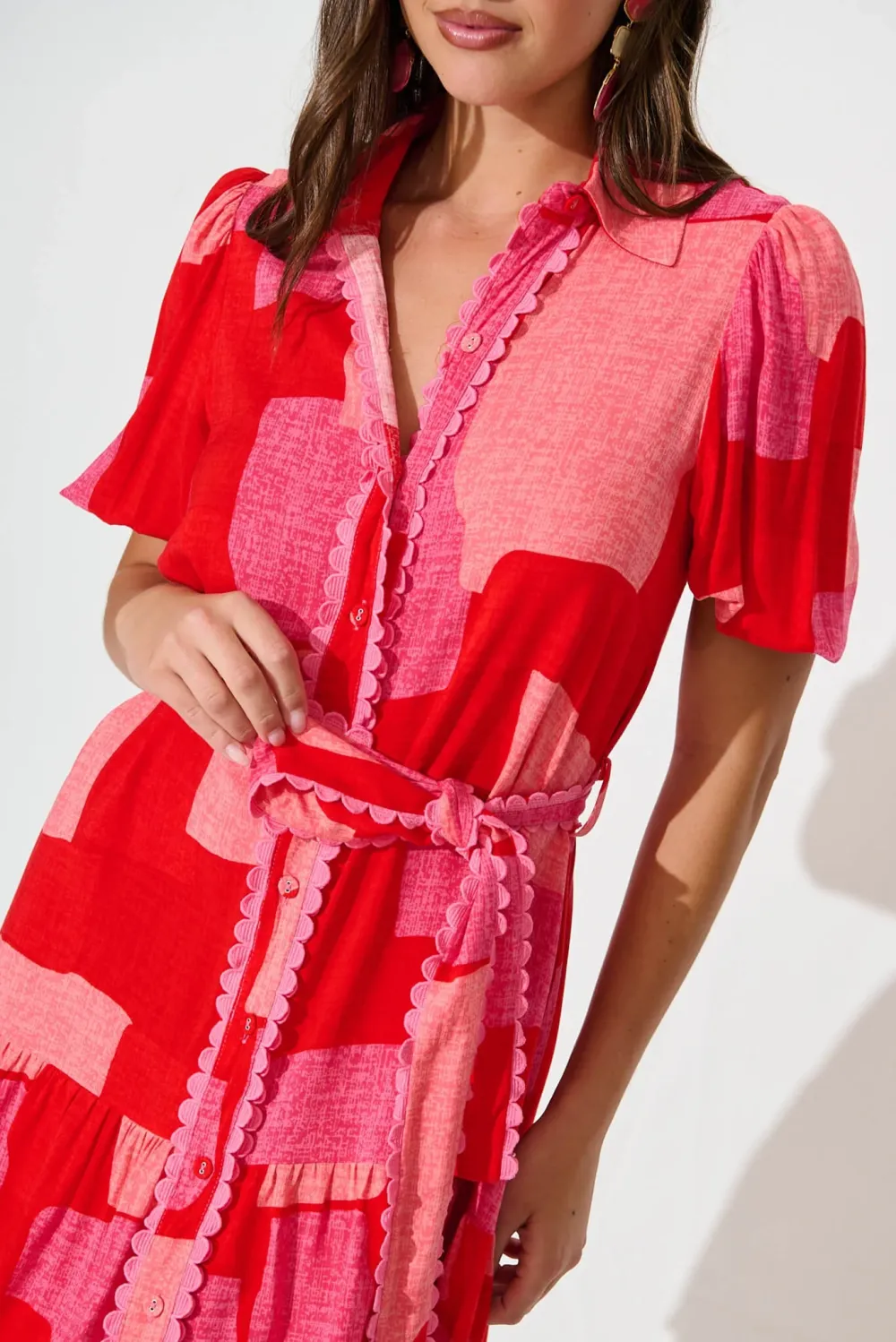 Multi Red Print Belted Mini Dress