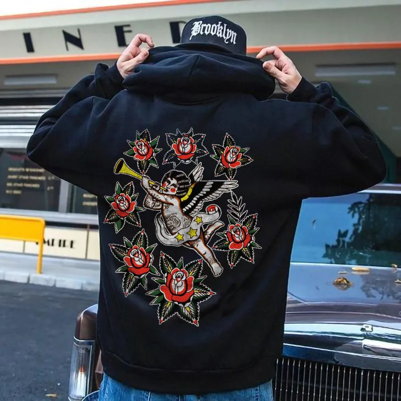 Little Angel Floral Print Loose Classic Men閳ユ獨 Hoodie