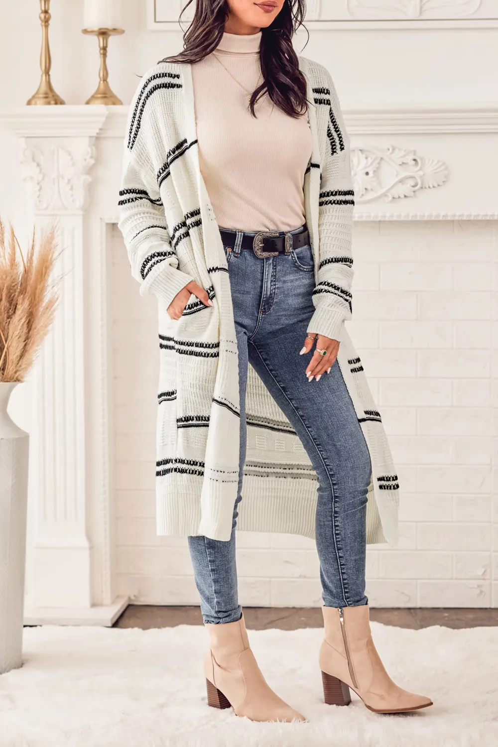 Striped Open-Front Longline Cardigan